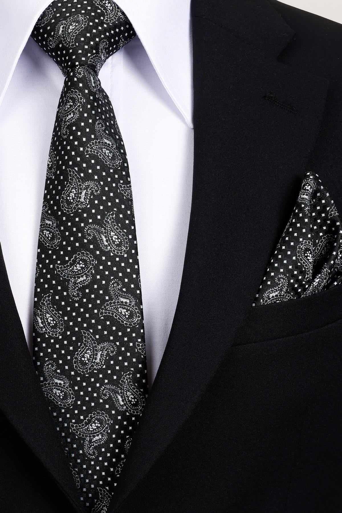 Esgue 8 Cm Klasik Geniş Hand Made Siyah - Beyaz Şal Desen Mendilli Kravat