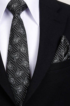 Esgue 8 Cm Klasik Geniş Hand Made Siyah - Beyaz Şal Desen Mendilli Kravat