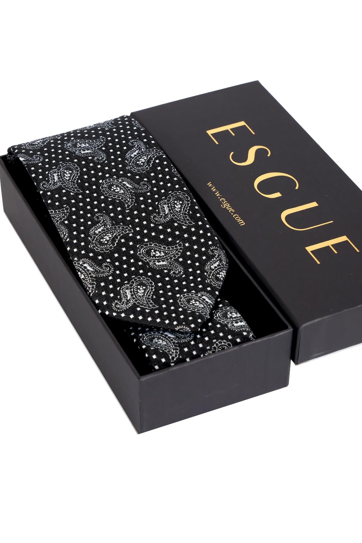 Esgue 8 Cm Klasik Geniş Hand Made Siyah - Beyaz Şal Desen Mendilli Kravat