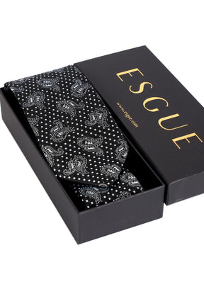 Esgue 8 Cm Klasik Geniş Hand Made Siyah - Beyaz Şal Desen Mendilli Kravat