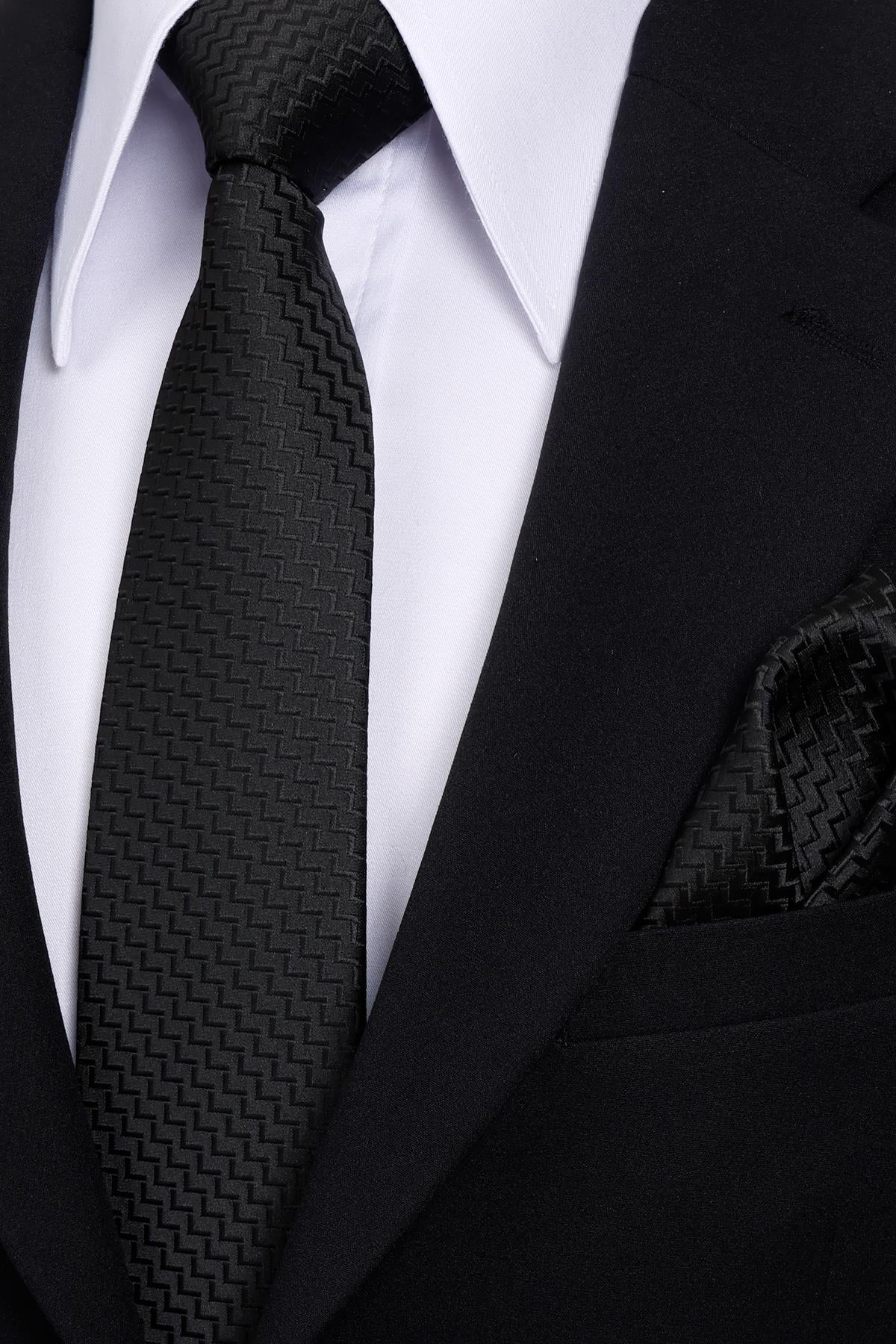 Esgue 8 Cm Klasik Geniş Hand Made Siyah Çizgili Desen Mendilli Kravat