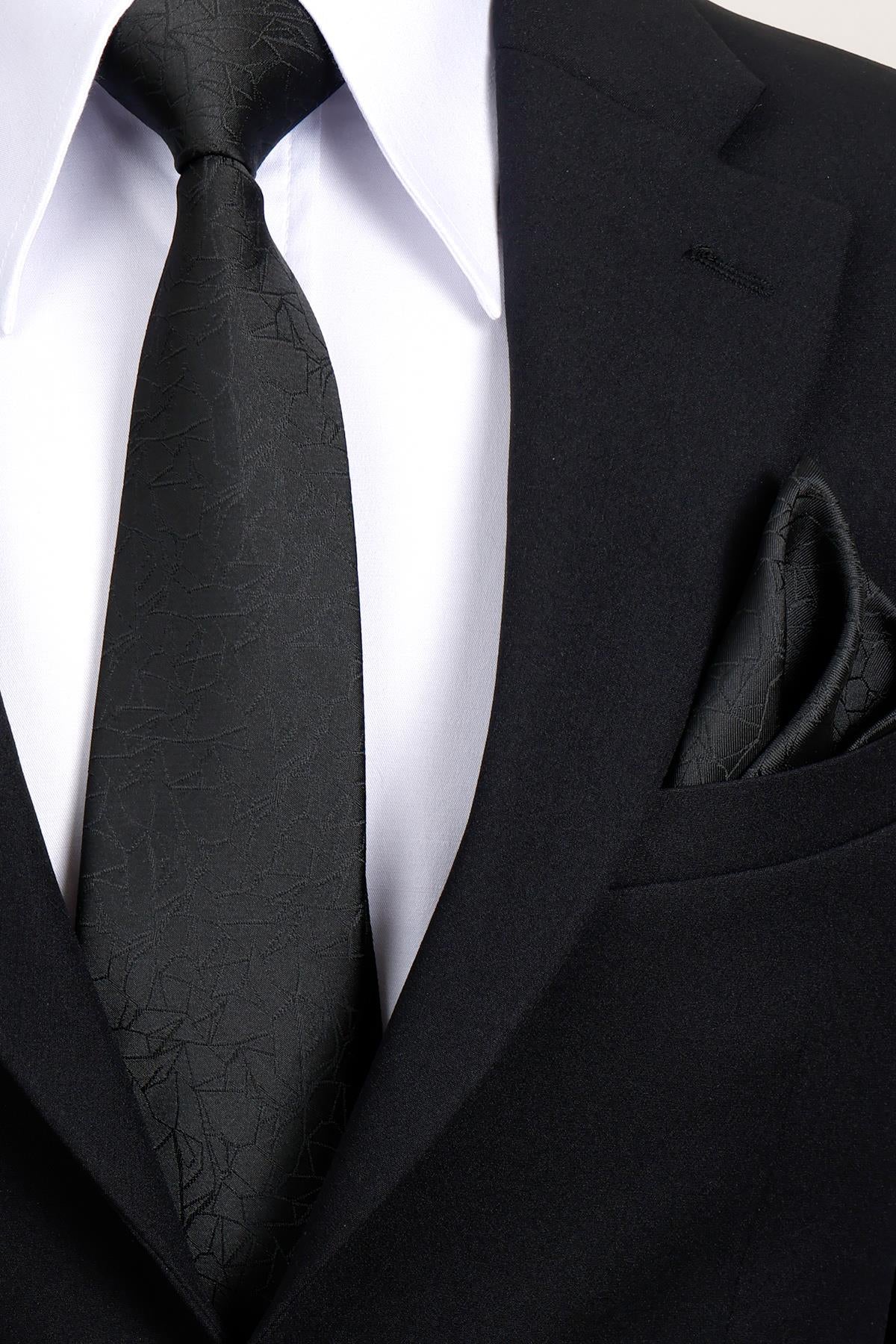 Esgue 8 Cm Klasik Geniş Hand Made Siyah Desenli Mendilli Kravat