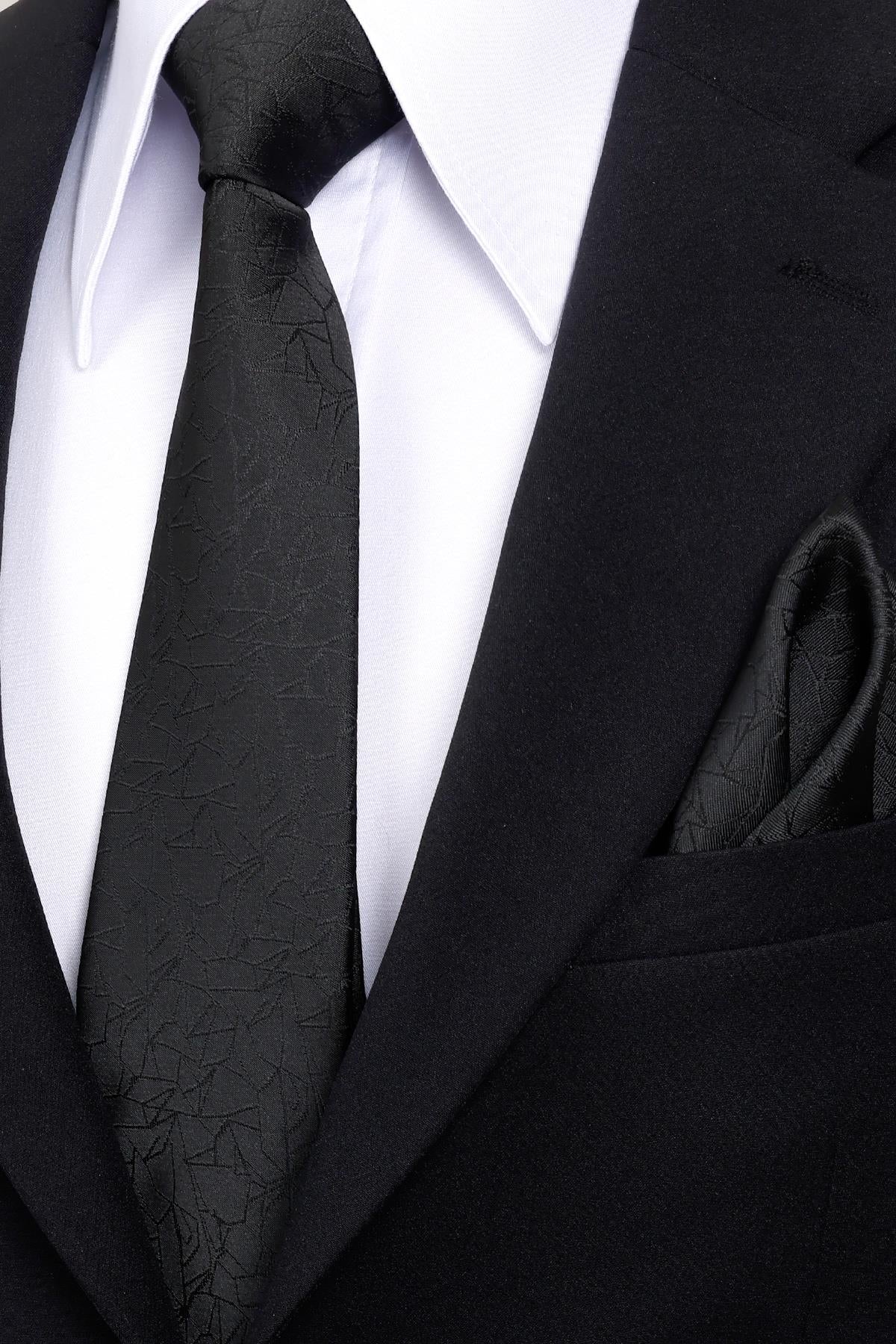 Esgue 8 Cm Klasik Geniş Hand Made Siyah Desenli Mendilli Kravat
