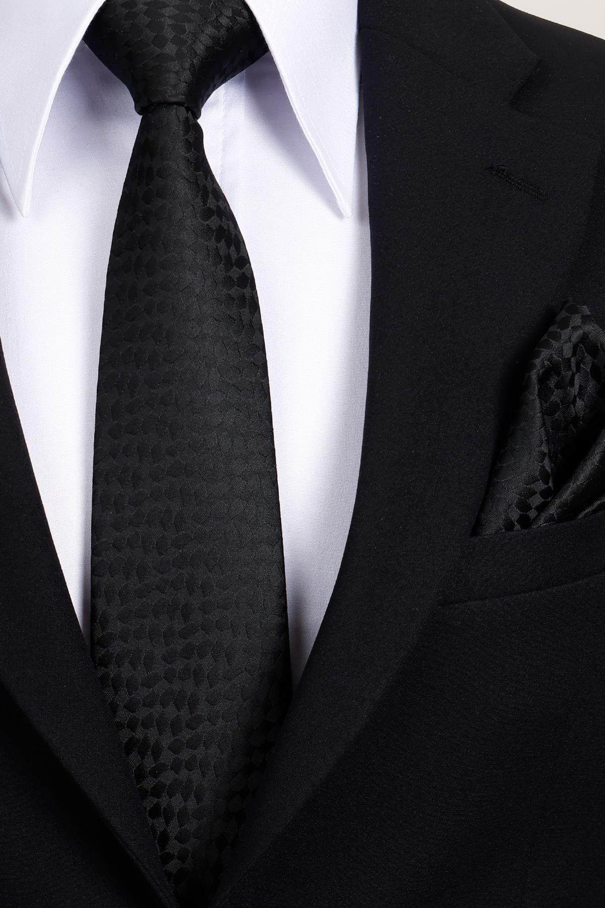 Esgue 8 Cm Klasik Geniş Hand Made Siyah Gölge Desenli Mendilli Kravat