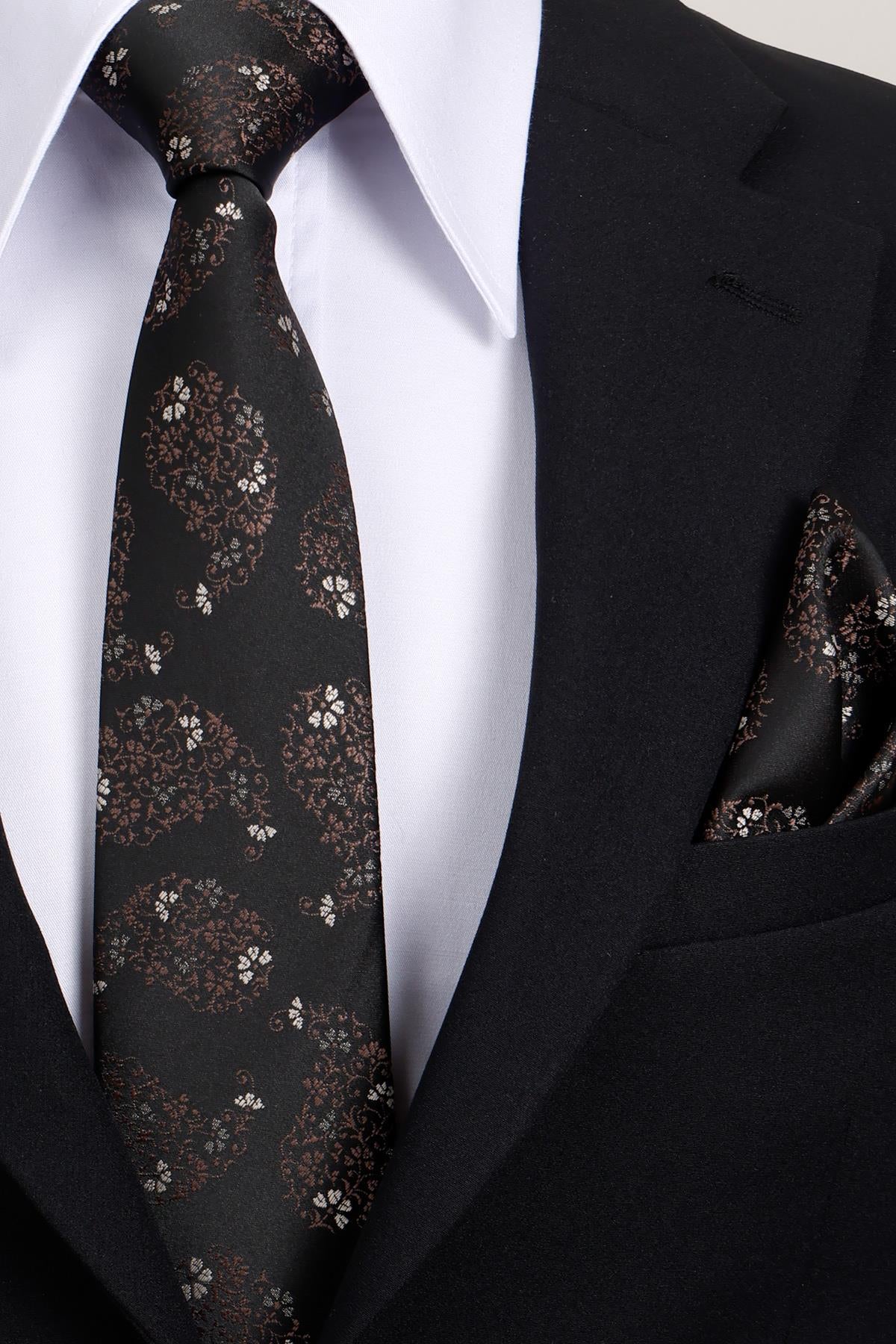 Esgue 8 Cm Klasik Geniş Hand Made Siyah - Kahve Damla Desen Mendilli Kravat