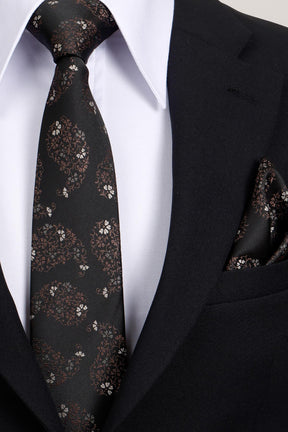 Esgue 8 Cm Klasik Geniş Hand Made Siyah - Kahve Damla Desen Mendilli Kravat