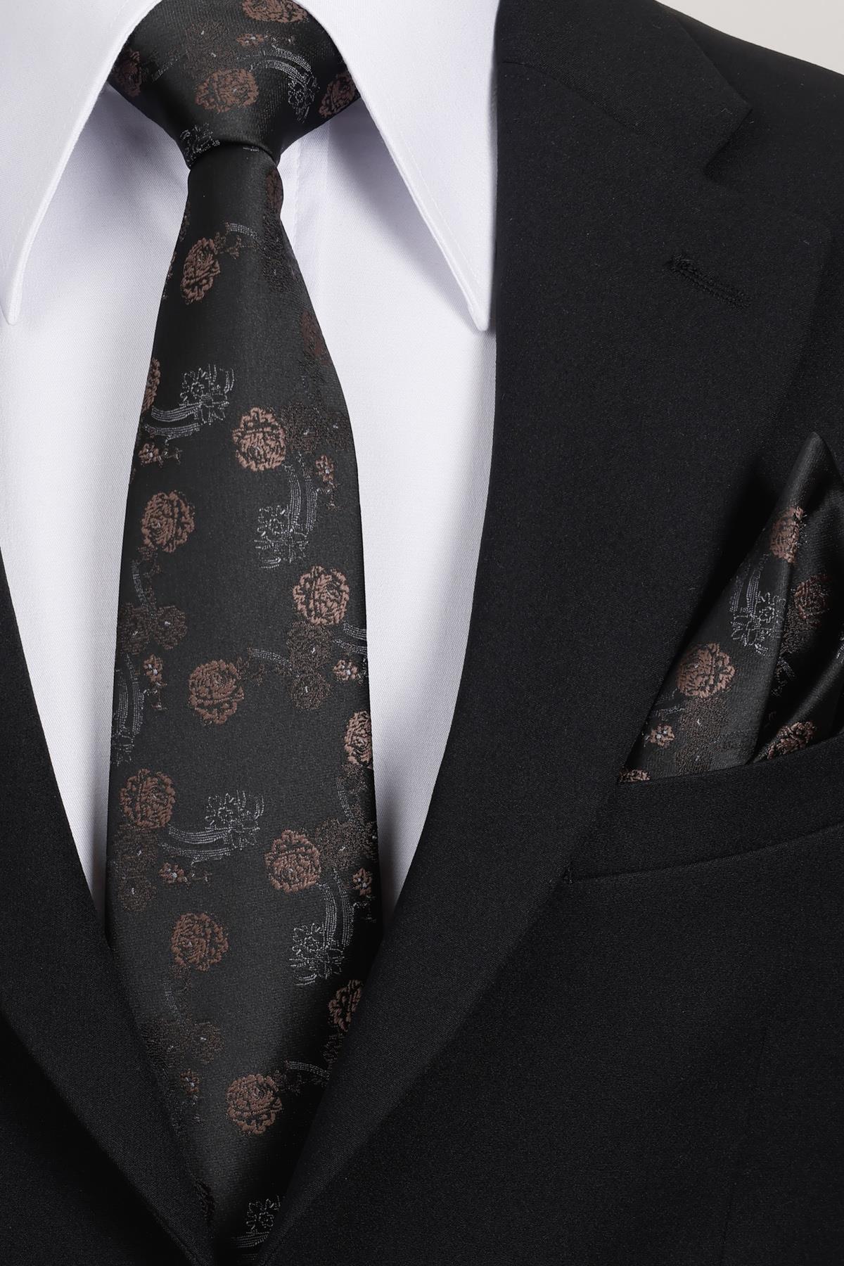 Esgue 8 Cm Klasik Geniş Hand Made Siyah - Kahverengi Çiçek Desen Mendilli Kravat
