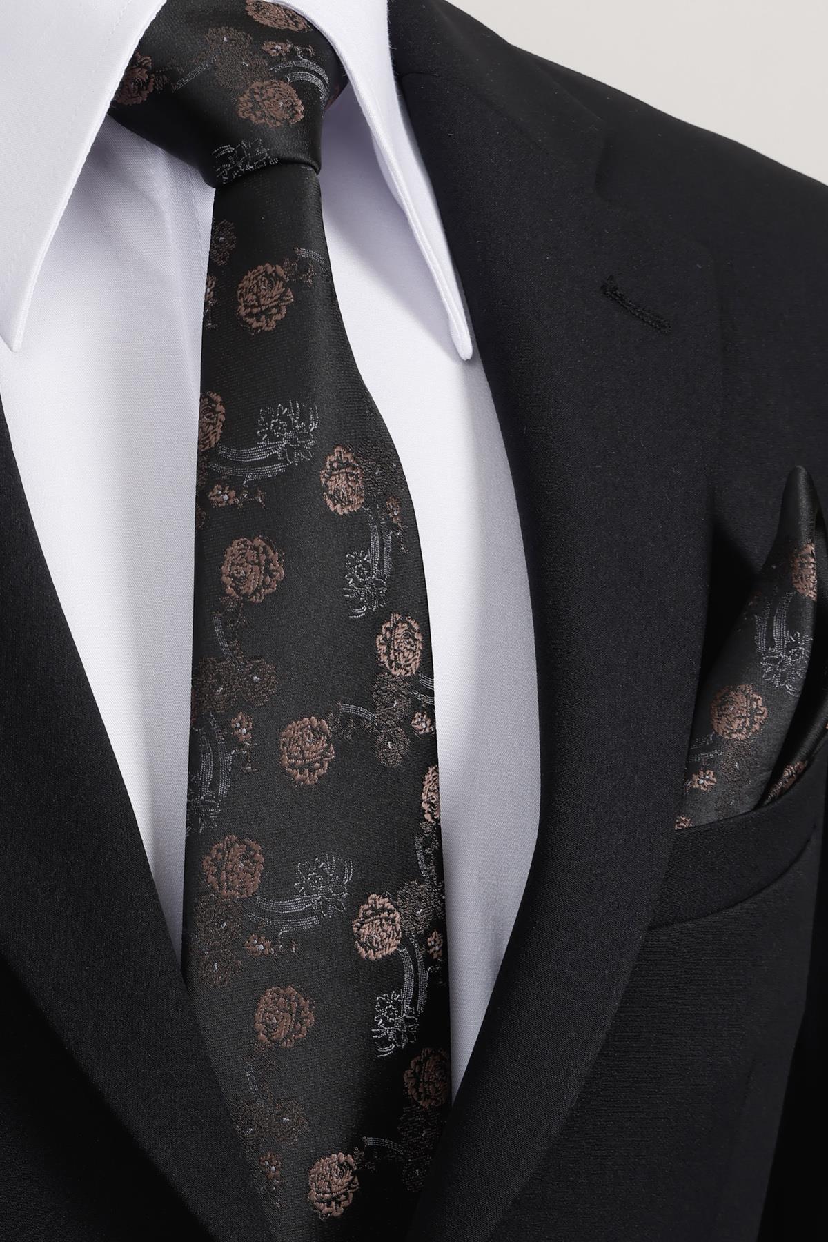 Esgue 8 Cm Klasik Geniş Hand Made Siyah - Kahverengi Çiçek Desen Mendilli Kravat