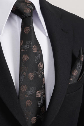 Esgue 8 Cm Klasik Geniş Hand Made Siyah - Kahverengi Çiçek Desen Mendilli Kravat