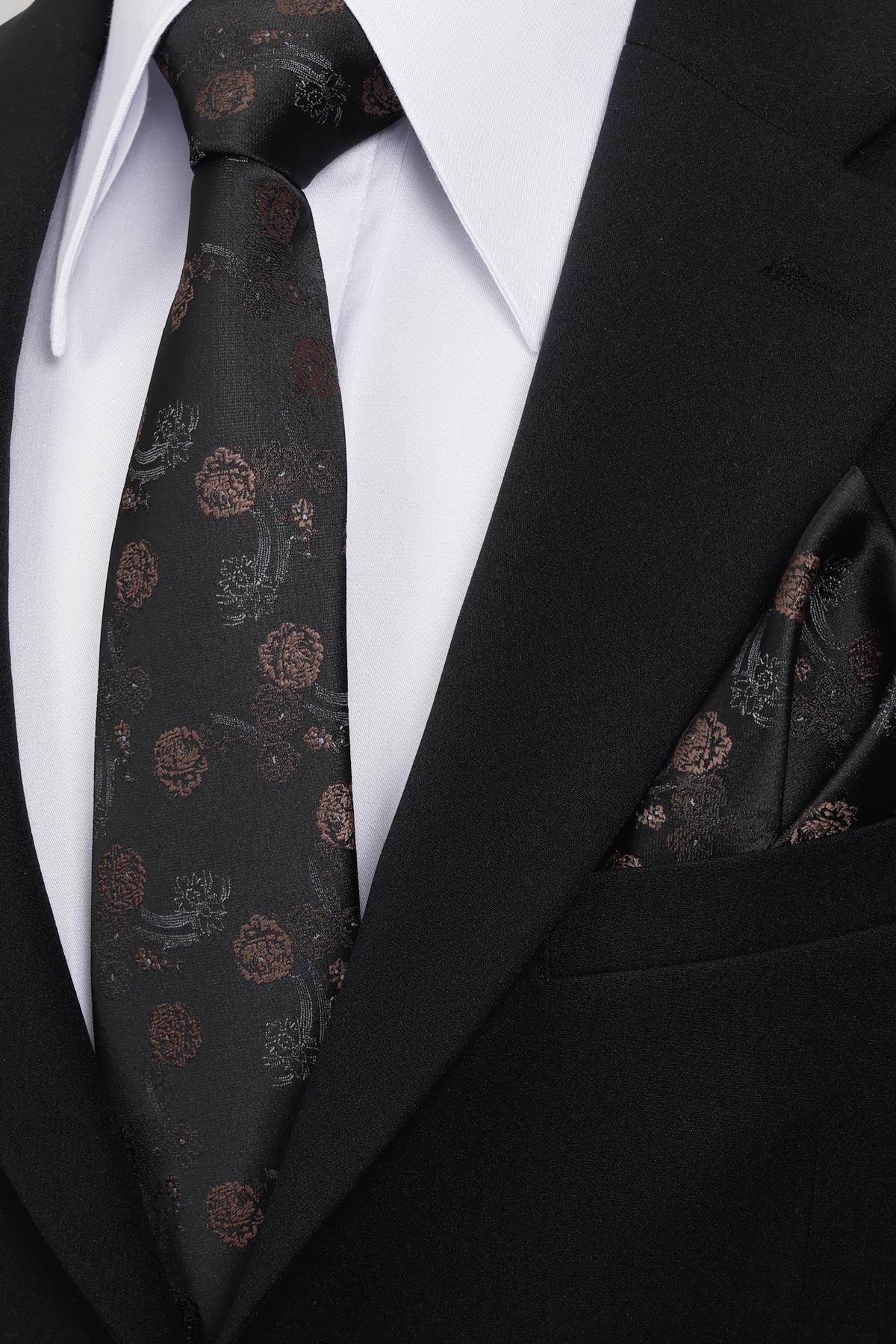 Esgue 8 Cm Klasik Geniş Hand Made Siyah - Kahverengi Çiçek Desen Mendilli Kravat