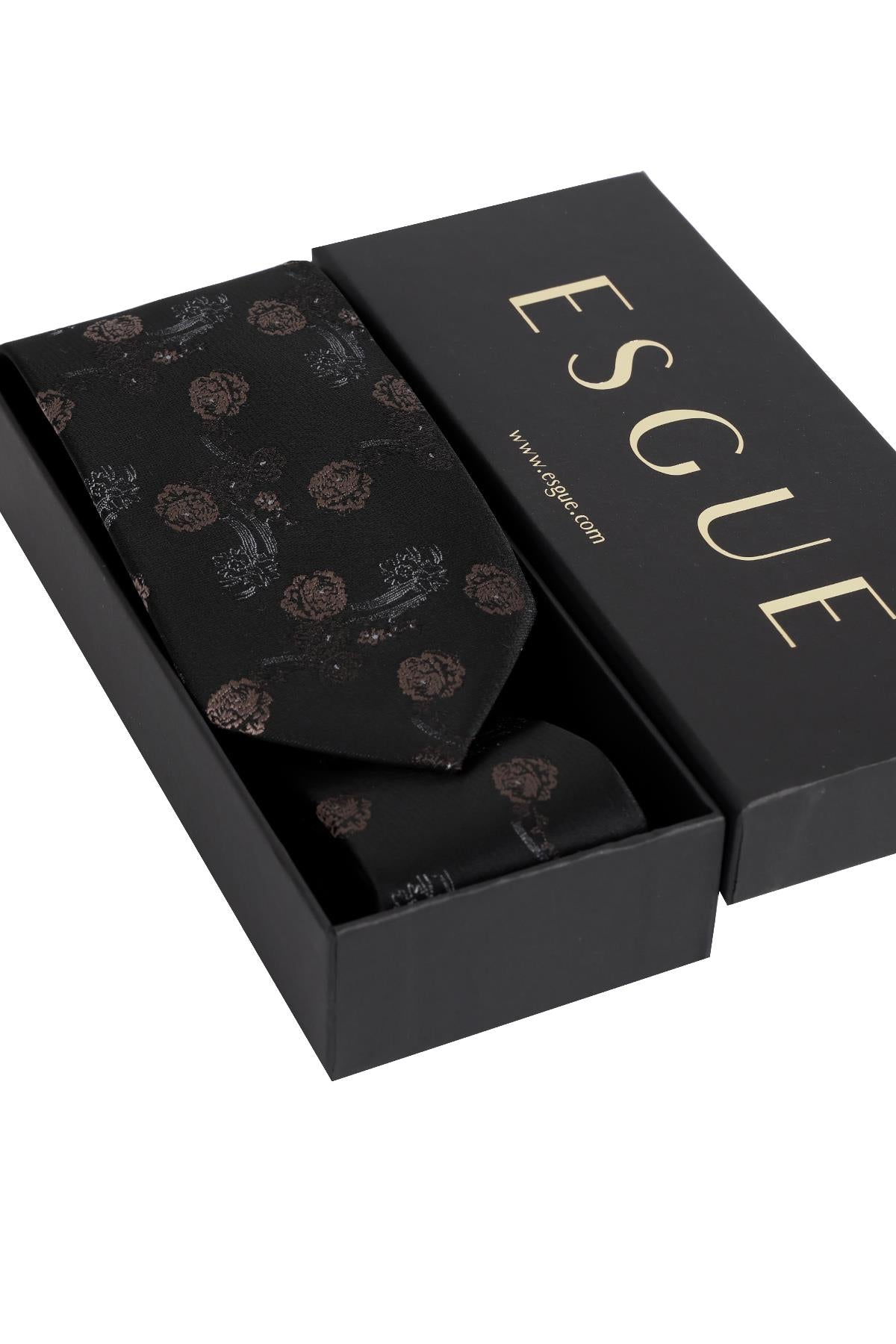 Esgue 8 Cm Klasik Geniş Hand Made Siyah - Kahverengi Çiçek Desen Mendilli Kravat