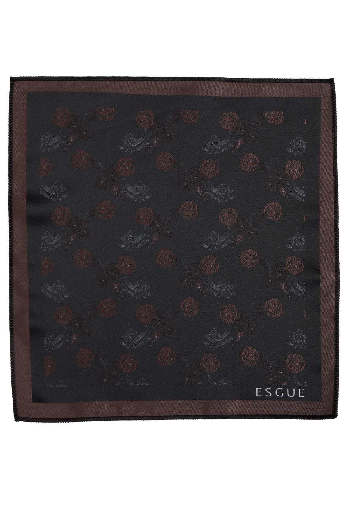 Esgue 8 Cm Klasik Geniş Hand Made Siyah - Kahverengi Çiçek Desen Mendilli Kravat