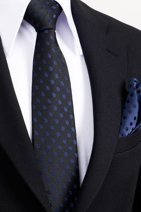 Esgue 8 Cm Klasik Geniş Hand Made Siyah - Lacivert Puantiye Desen Mendilli Kravat