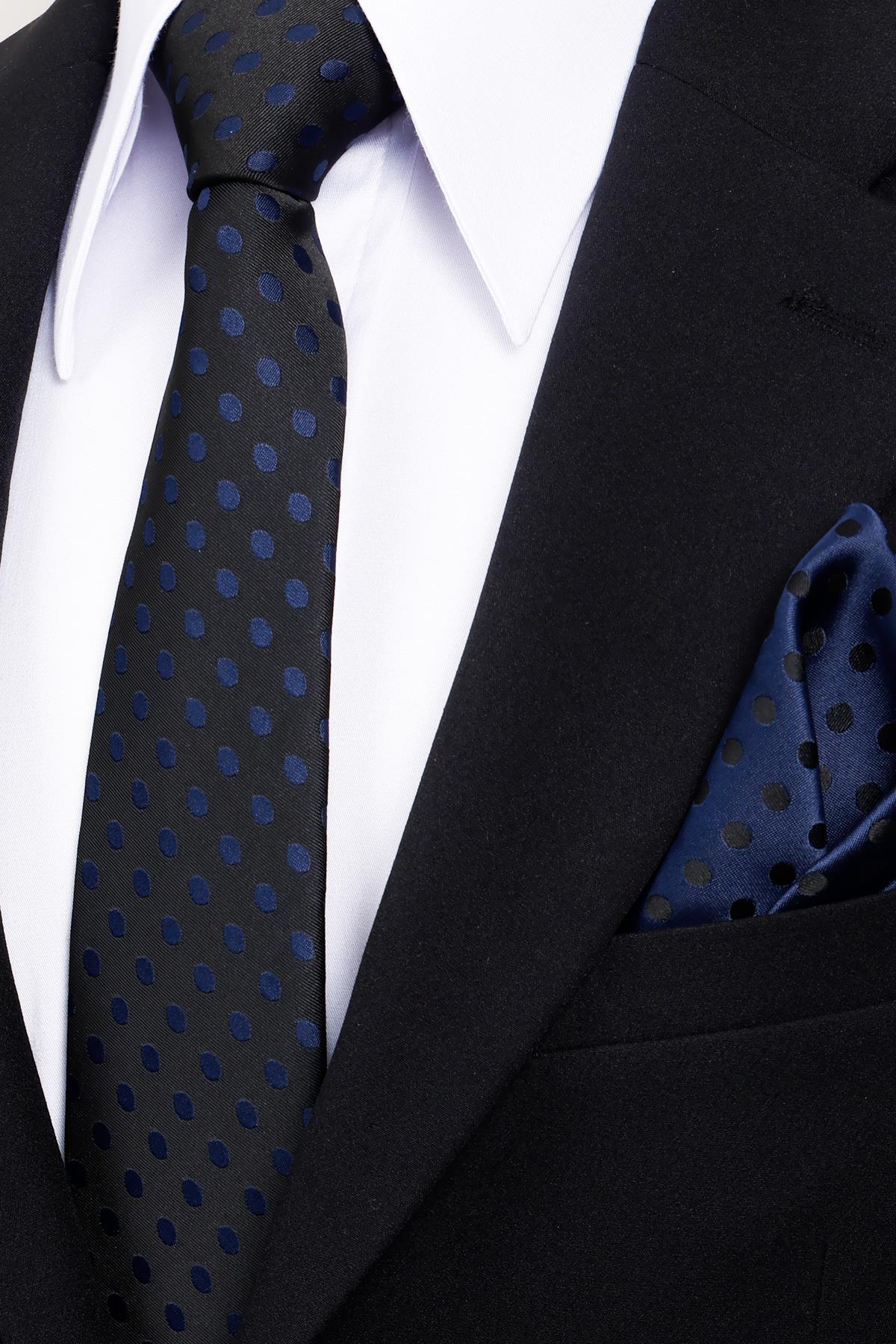 Esgue 8 Cm Klasik Geniş Hand Made Siyah - Lacivert Puantiye Desen Mendilli Kravat