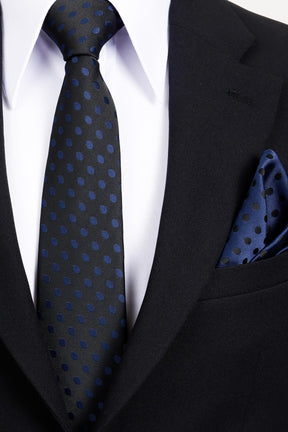 Esgue 8 Cm Klasik Geniş Hand Made Siyah - Lacivert Puantiye Desen Mendilli Kravat