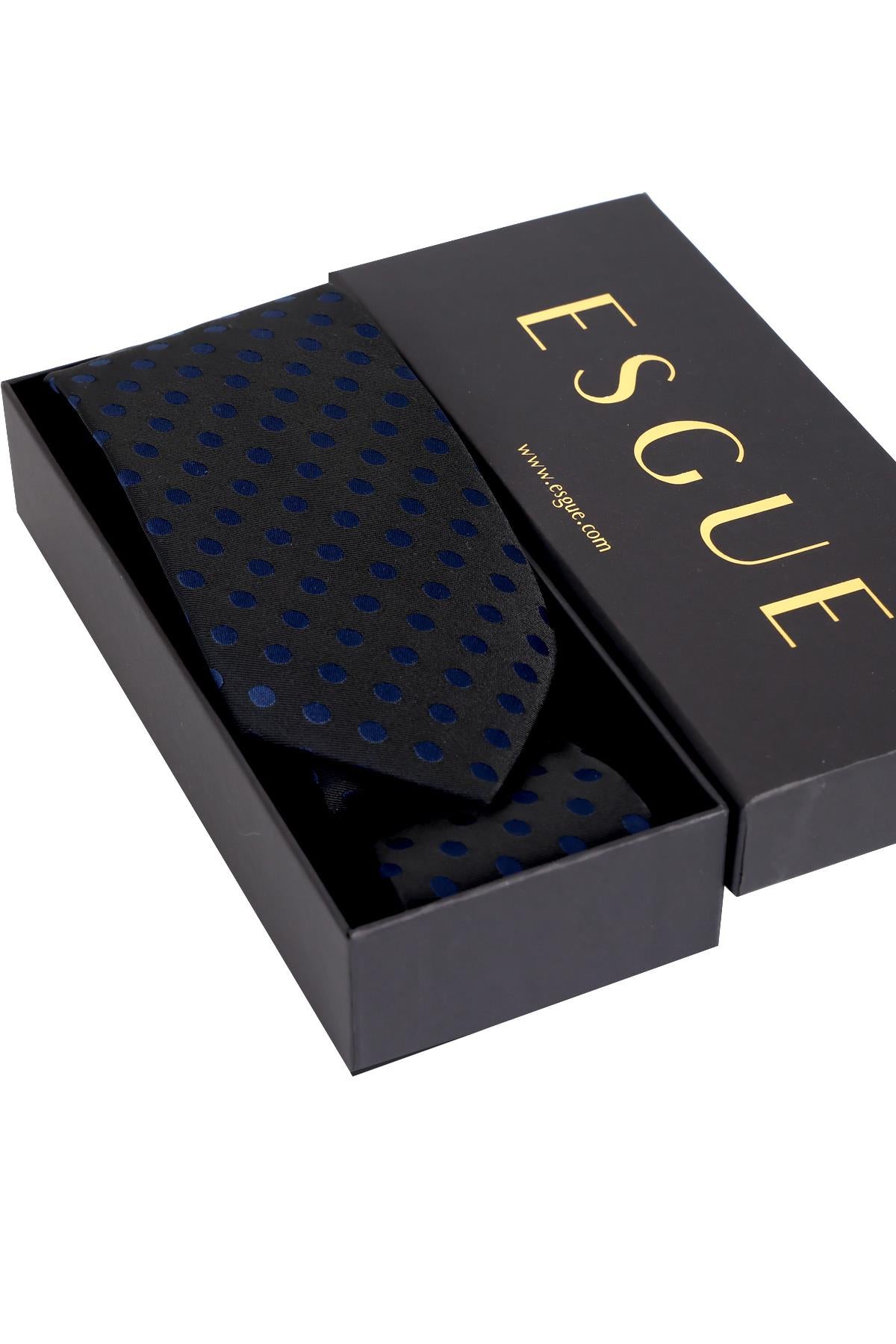 Esgue 8 Cm Klasik Geniş Hand Made Siyah - Lacivert Puantiye Desen Mendilli Kravat