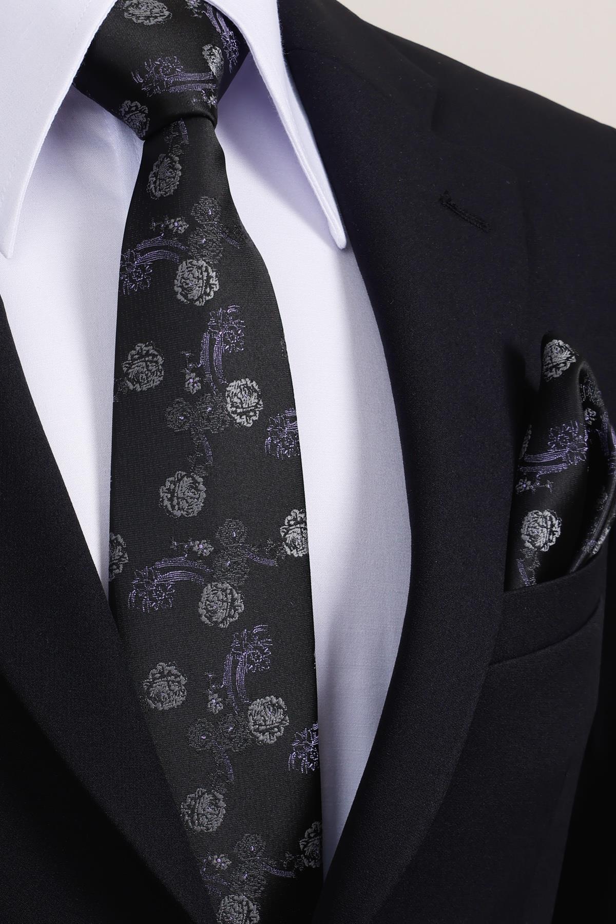 Esgue 8 Cm Klasik Geniş Hand Made Siyah - Lila Çiçek Desen Mendilli Kravat