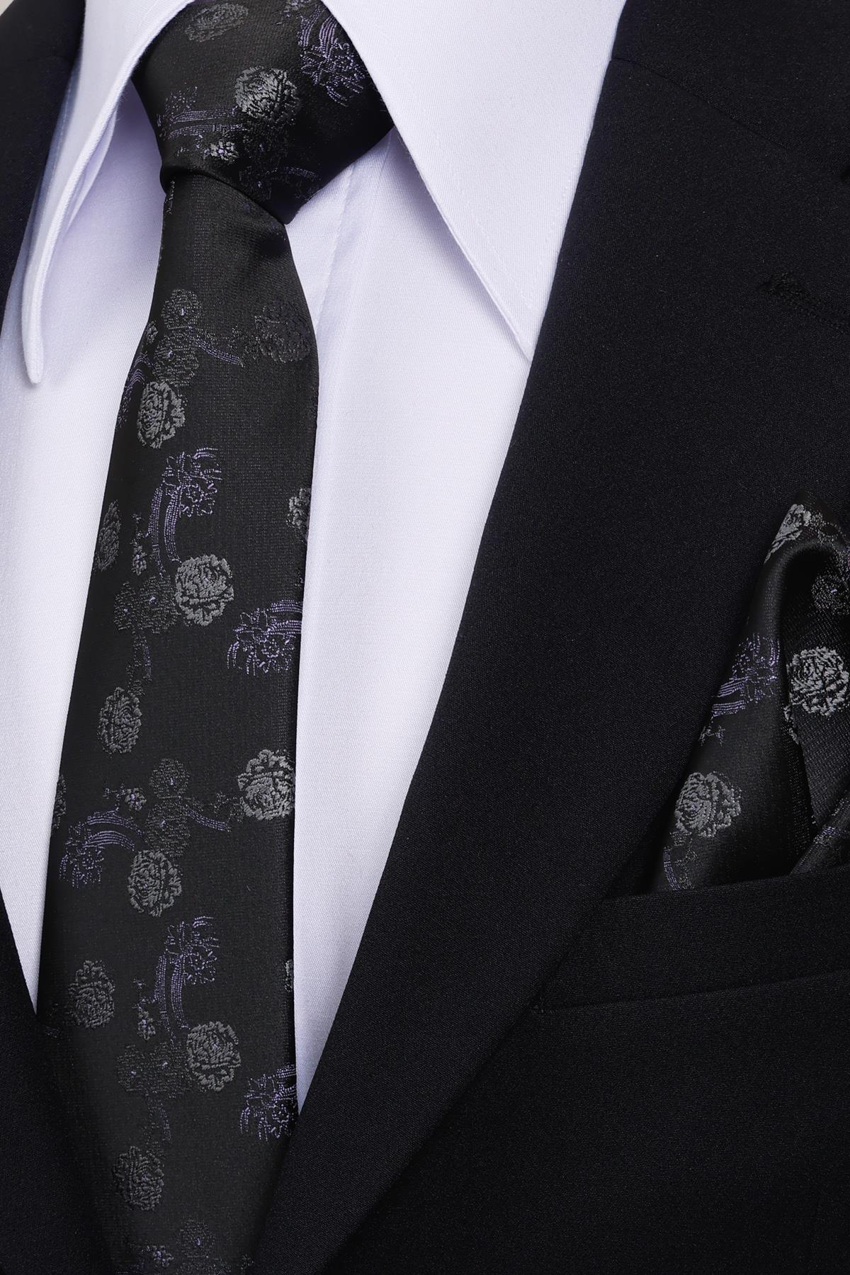 Esgue 8 Cm Klasik Geniş Hand Made Siyah - Lila Çiçek Desen Mendilli Kravat