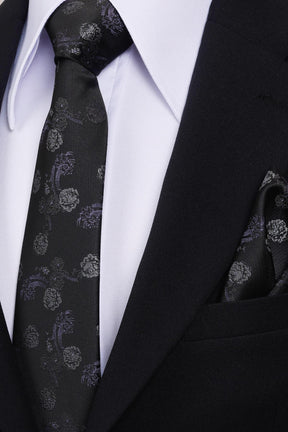 Esgue 8 Cm Klasik Geniş Hand Made Siyah - Lila Çiçek Desen Mendilli Kravat