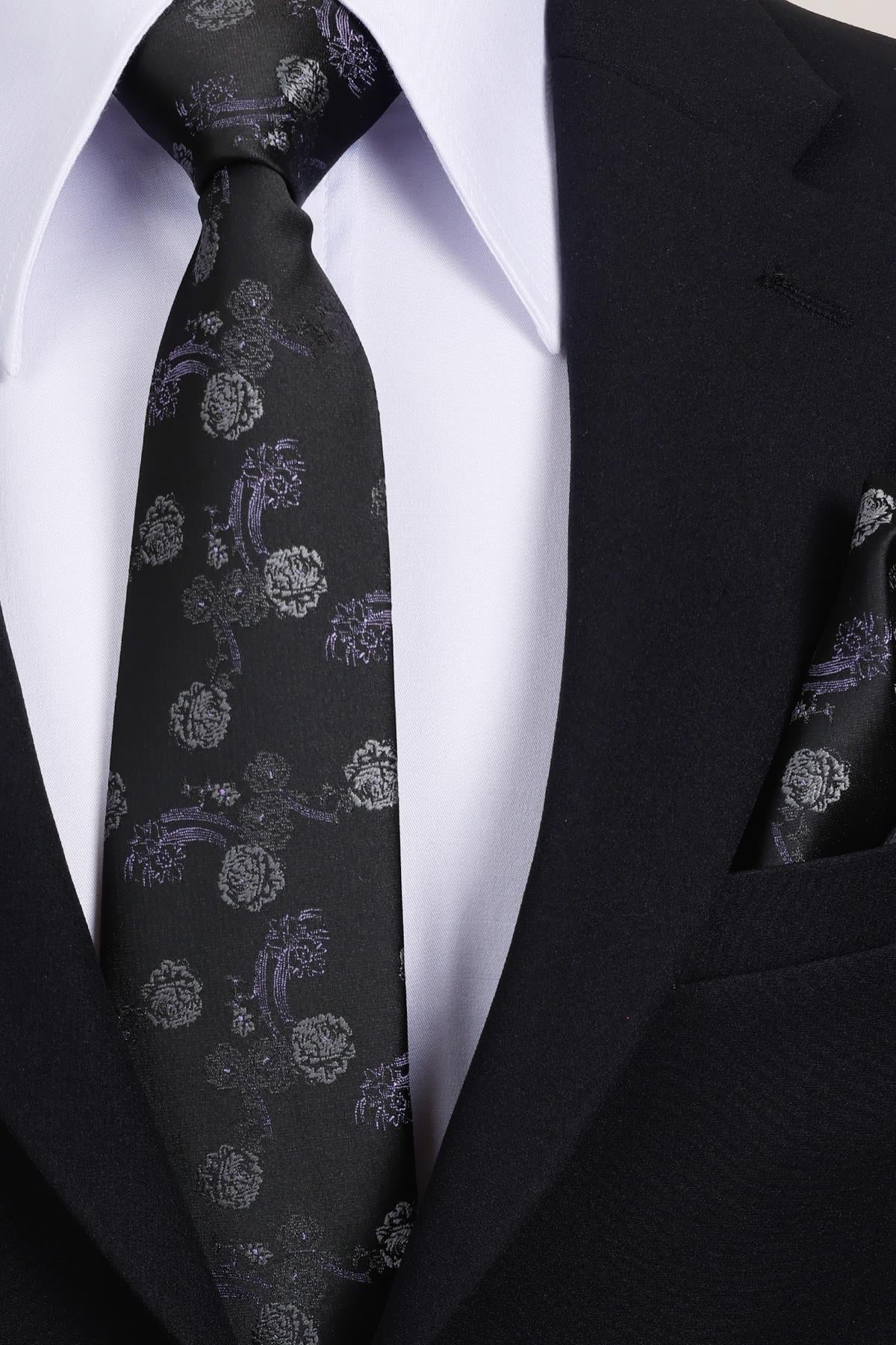 Esgue 8 Cm Klasik Geniş Hand Made Siyah - Lila Çiçek Desen Mendilli Kravat