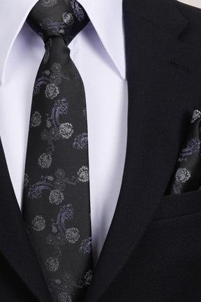 Esgue 8 Cm Klasik Geniş Hand Made Siyah - Lila Çiçek Desen Mendilli Kravat