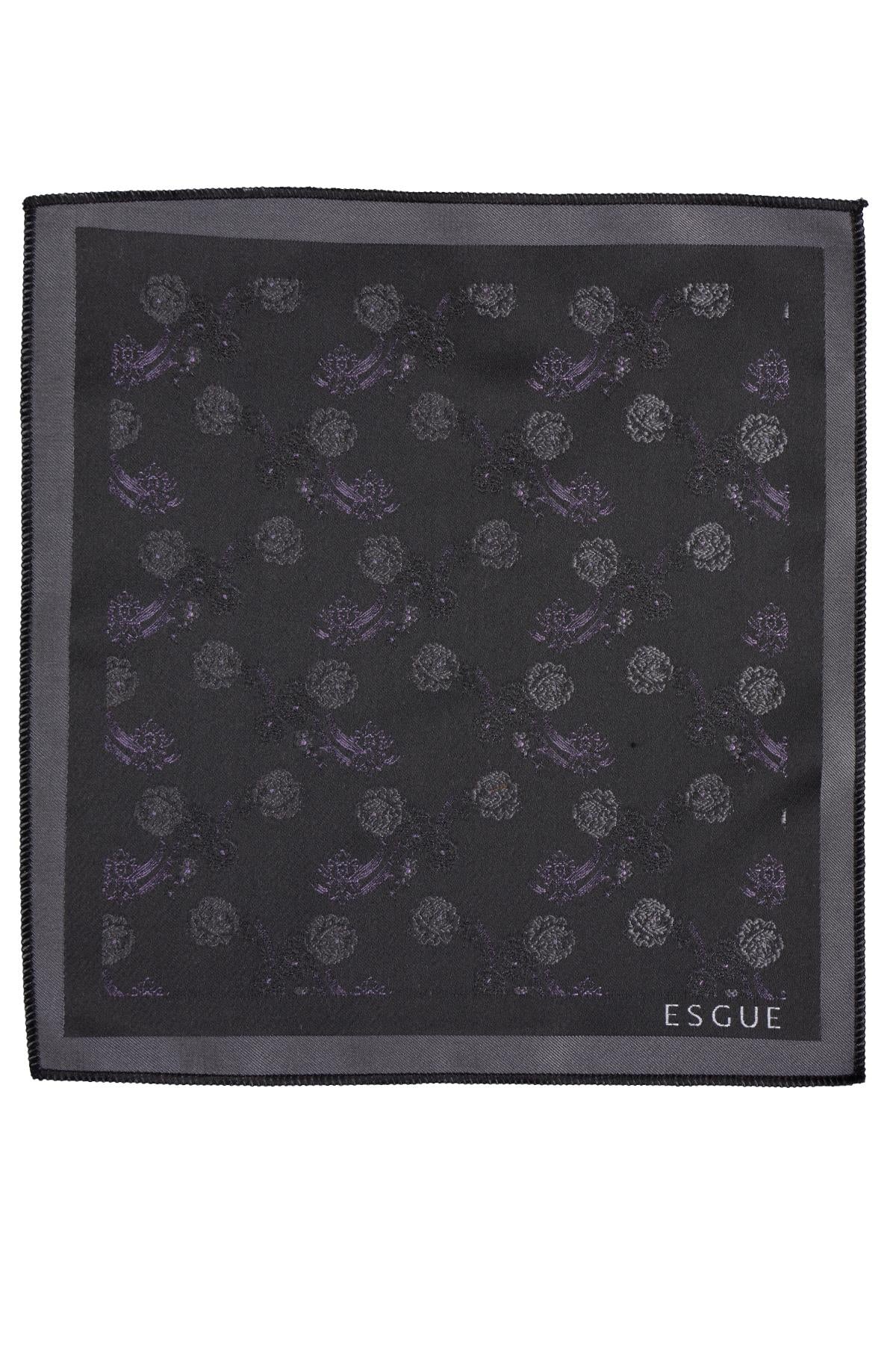 Esgue 8 Cm Klasik Geniş Hand Made Siyah - Lila Çiçek Desen Mendilli Kravat