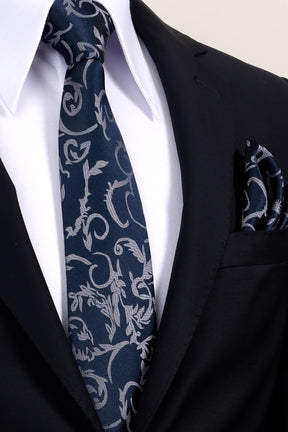 Esgue 8 cm Lacivert Gri Desenli Hand Made Klasik Geniş Mendilli Kravat