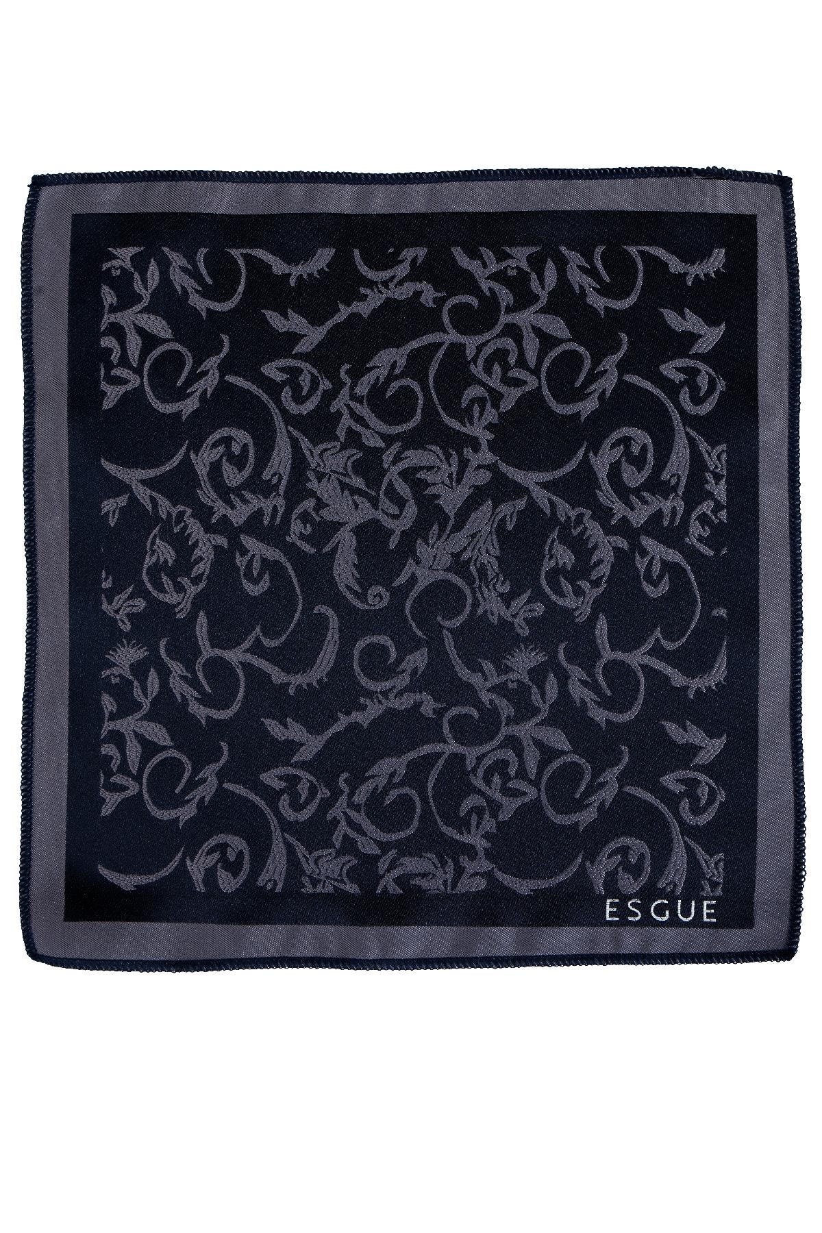 Esgue 8 cm Lacivert Gri Desenli Hand Made Klasik Geniş Mendilli Kravat