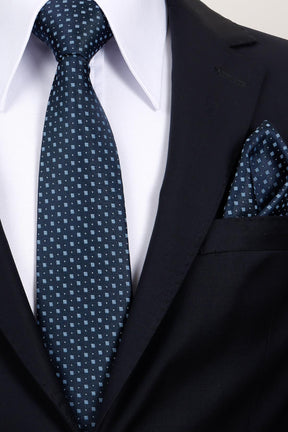 Esgue 8 cm Lacivert Mavi Motif Desenli Hand Made Klasik Geniş Mendilli Kravat