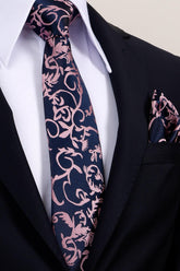 Esgue 8 cm Lacivert Pembe Desenli Hand Made Klasik Geniş Mendilli Kravat