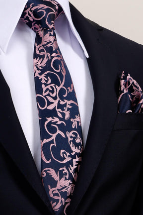 Esgue 8 cm Lacivert Pembe Desenli Hand Made Klasik Geniş Mendilli Kravat