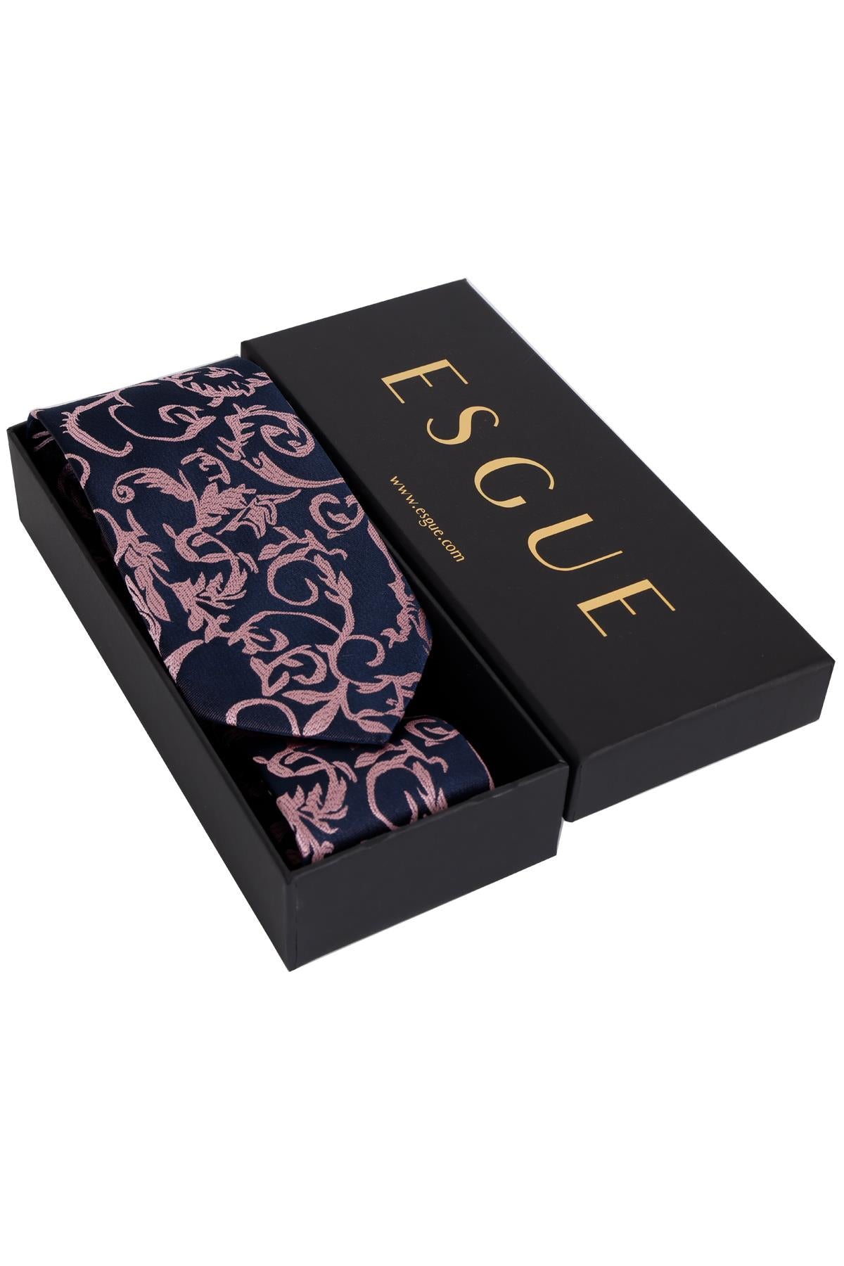 Esgue 8 cm Lacivert Pembe Desenli Hand Made Klasik Geniş Mendilli Kravat