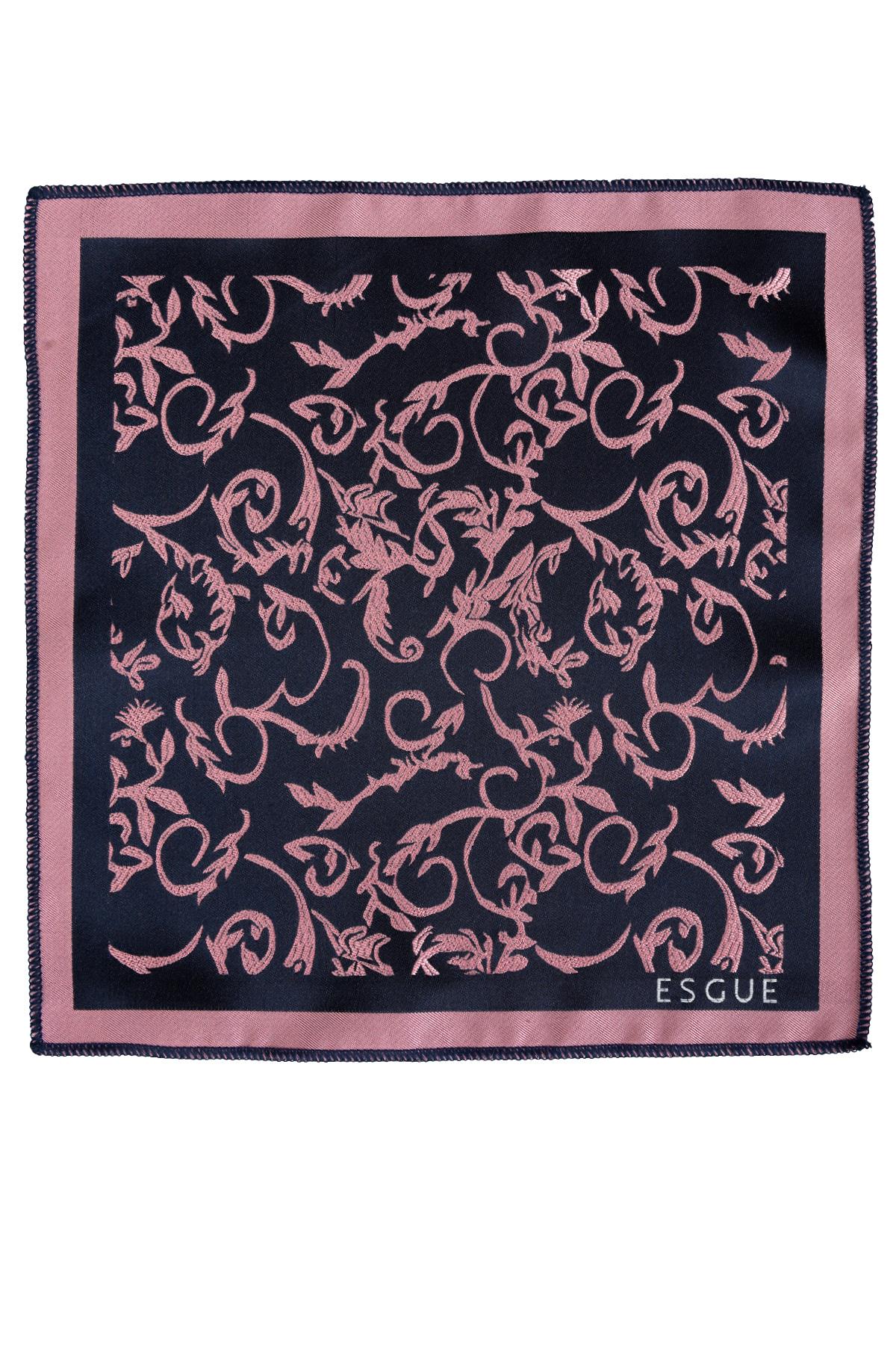 Esgue 8 cm Lacivert Pembe Desenli Hand Made Klasik Geniş Mendilli Kravat