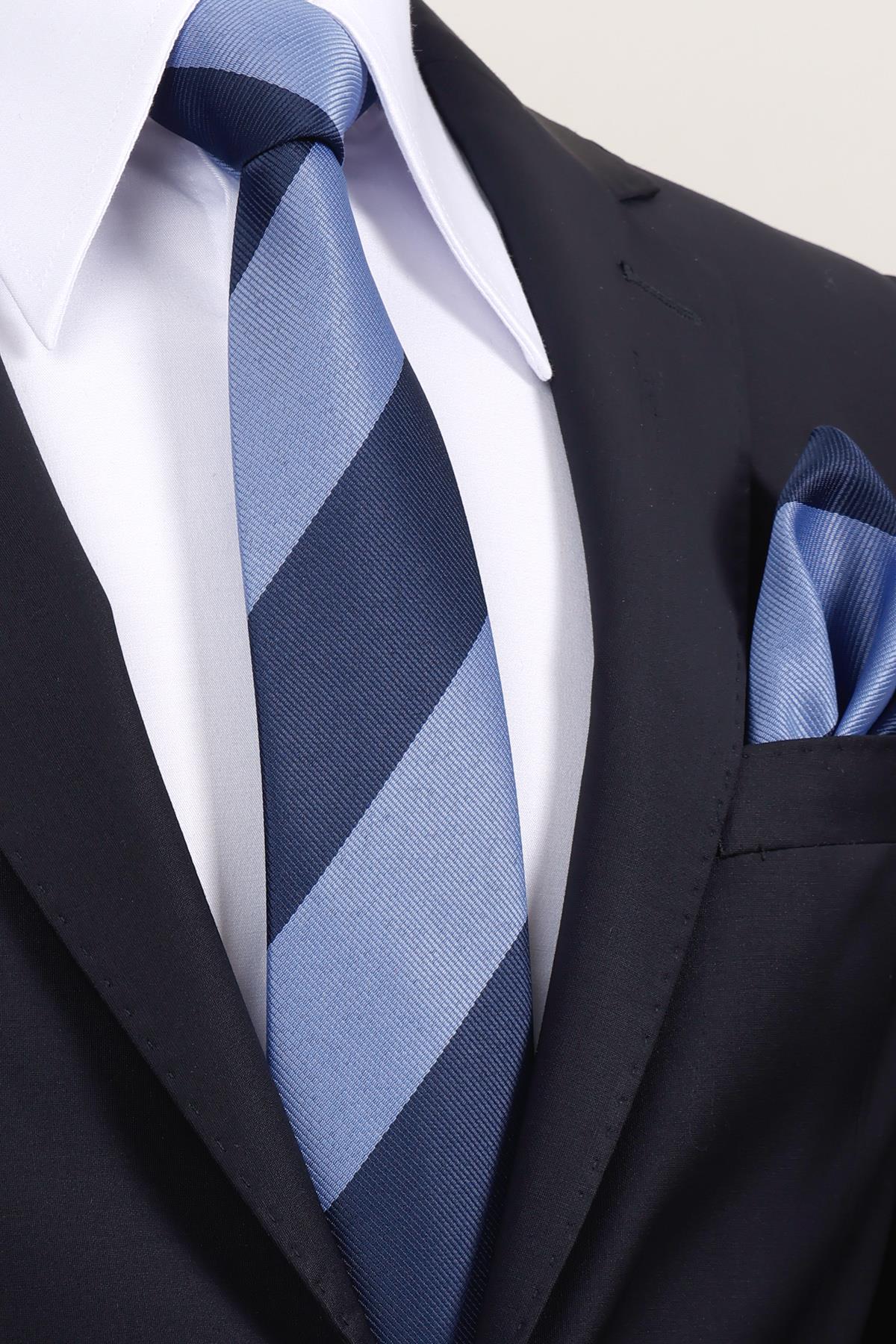 Esgue 8 cm Mavi Lacivert Parçalı Desen Hand Made Klasik Geniş Mendilli Kravat