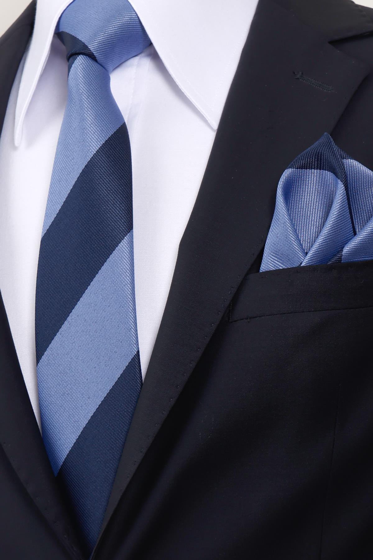 Esgue 8 cm Mavi Lacivert Parçalı Desen Hand Made Klasik Geniş Mendilli Kravat