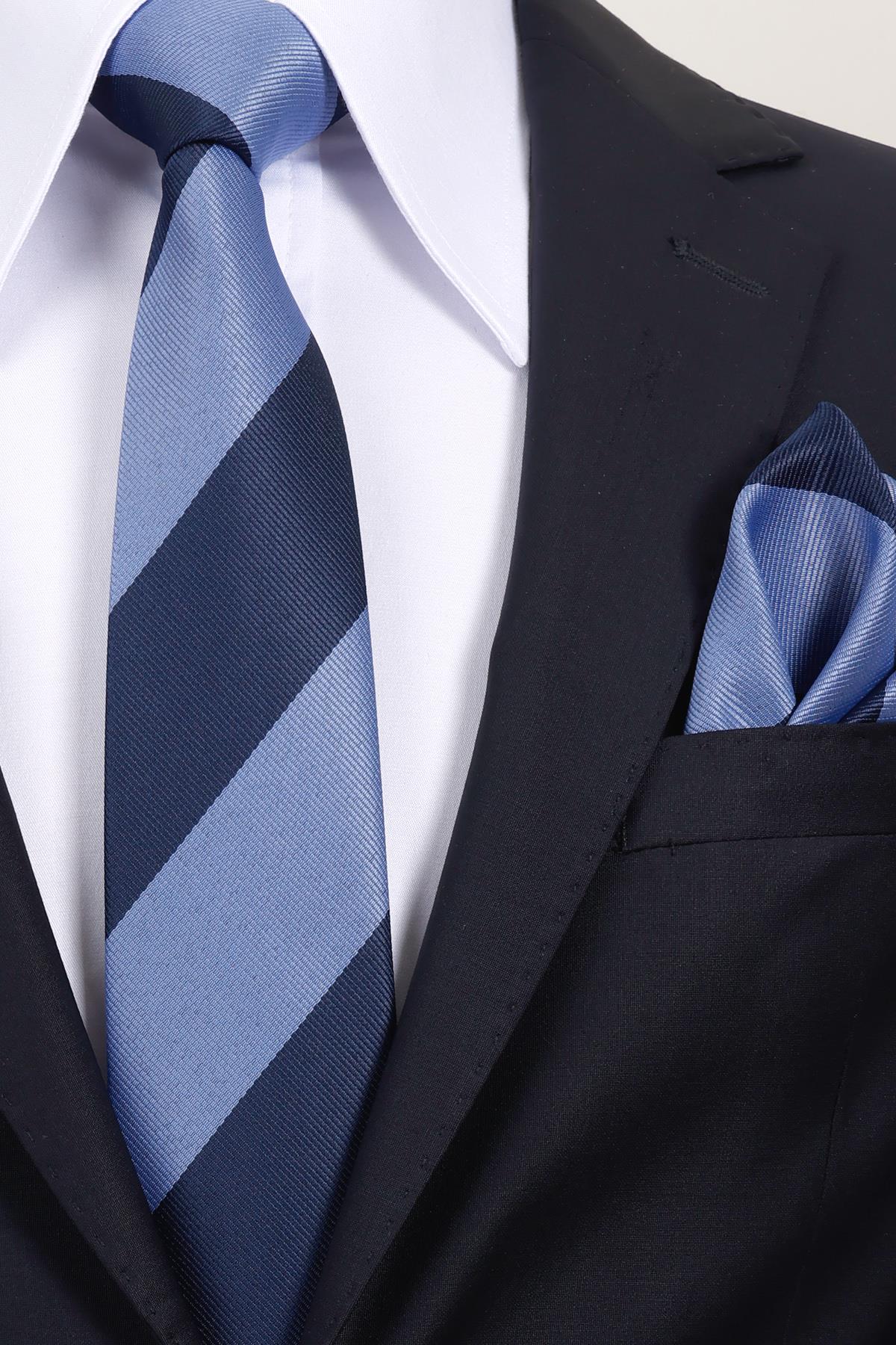 Esgue 8 cm Mavi Lacivert Parçalı Desen Hand Made Klasik Geniş Mendilli Kravat