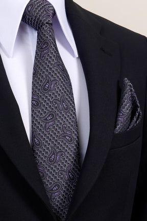 Esgue 8 cm Mor Gri Şal Desen Hand Made Klasik Geniş Mendilli Kravat