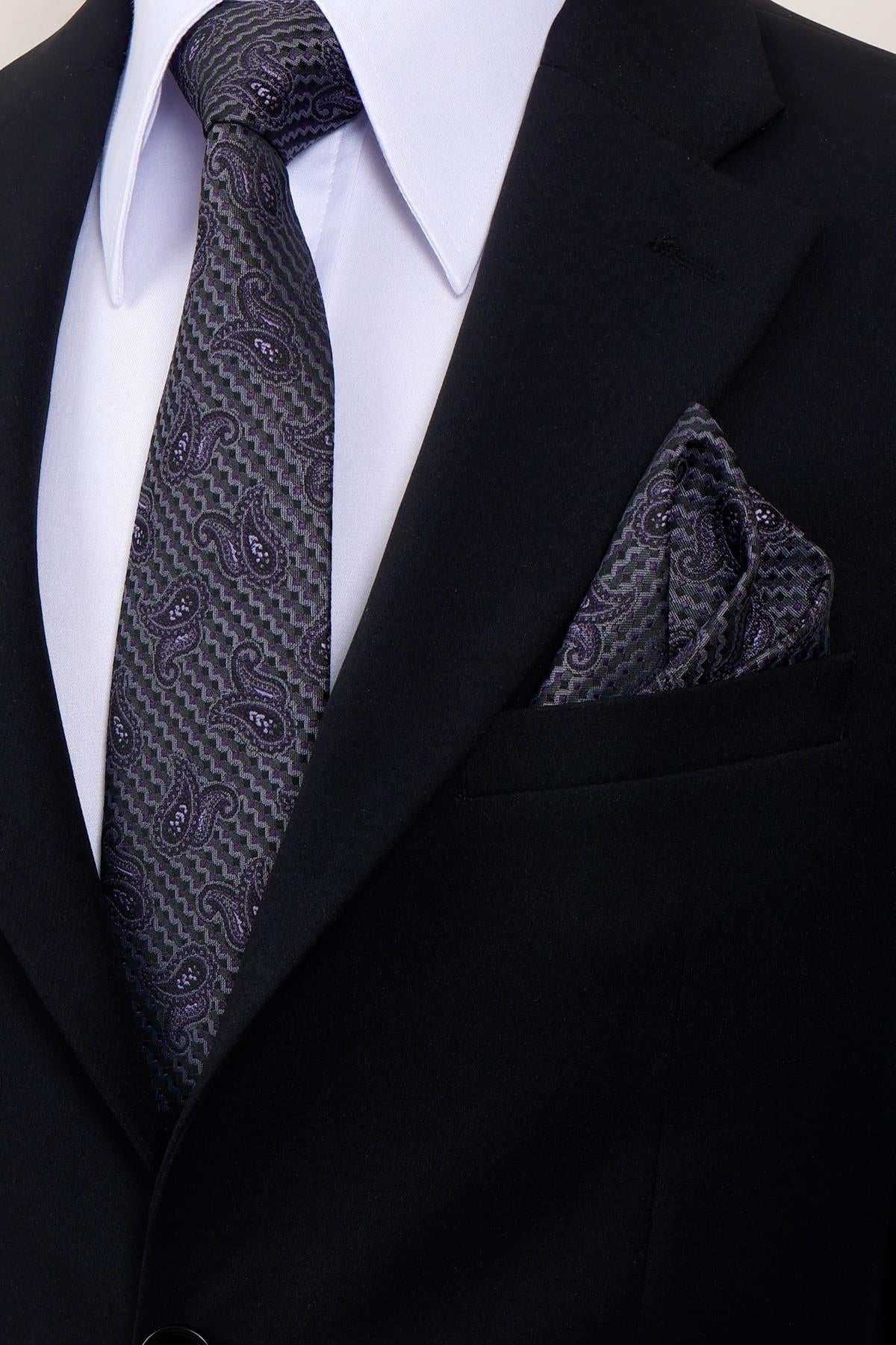 Esgue 8 cm Mor Gri Şal Desen Hand Made Klasik Geniş Mendilli Kravat