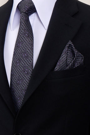 Esgue 8 cm Mor Gri Şal Desen Hand Made Klasik Geniş Mendilli Kravat