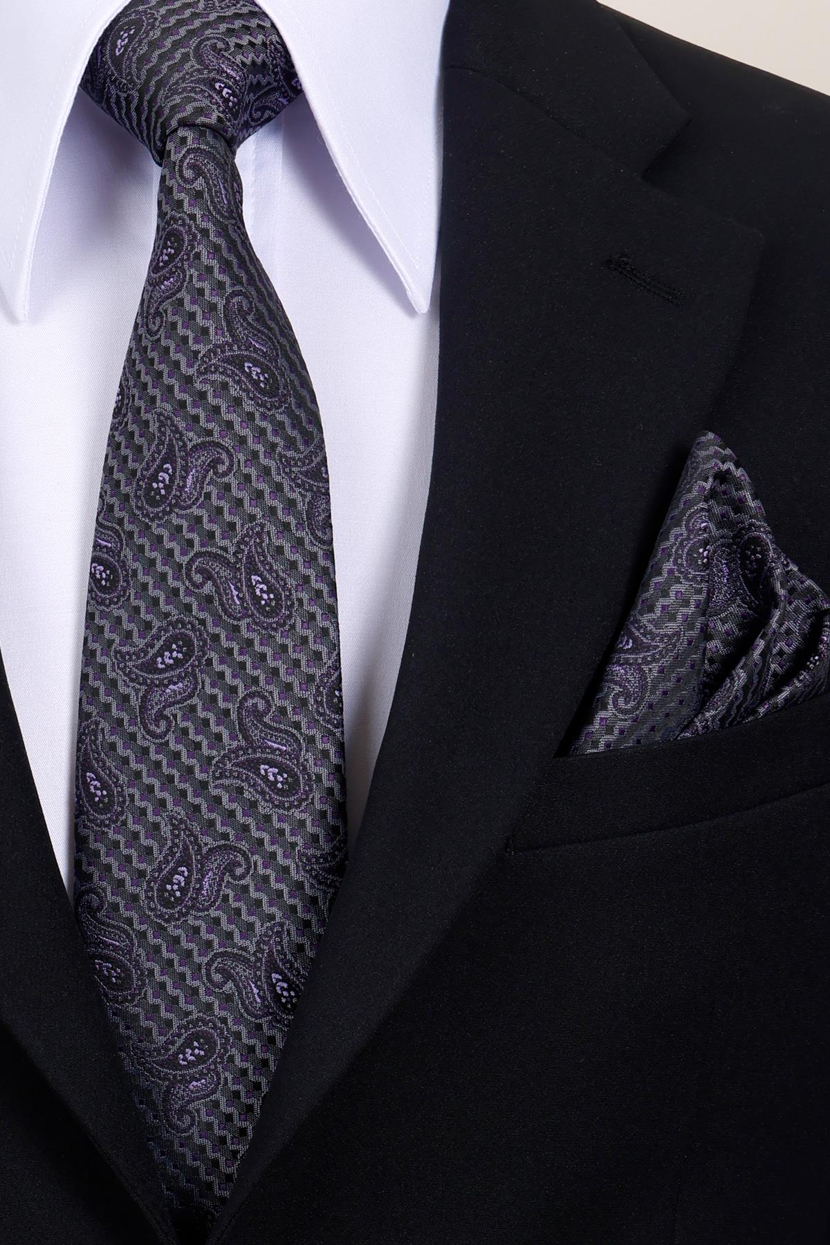 Esgue 8 cm Mor Gri Şal Desen Hand Made Klasik Geniş Mendilli Kravat