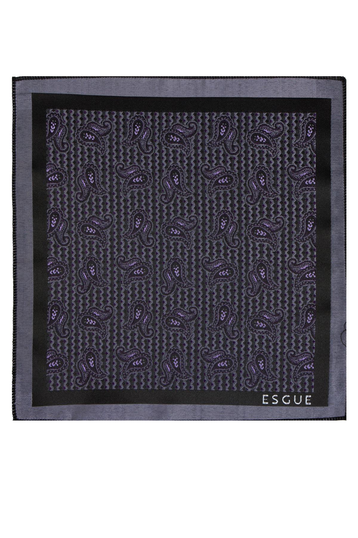 Esgue 8 cm Mor Gri Şal Desen Hand Made Klasik Geniş Mendilli Kravat