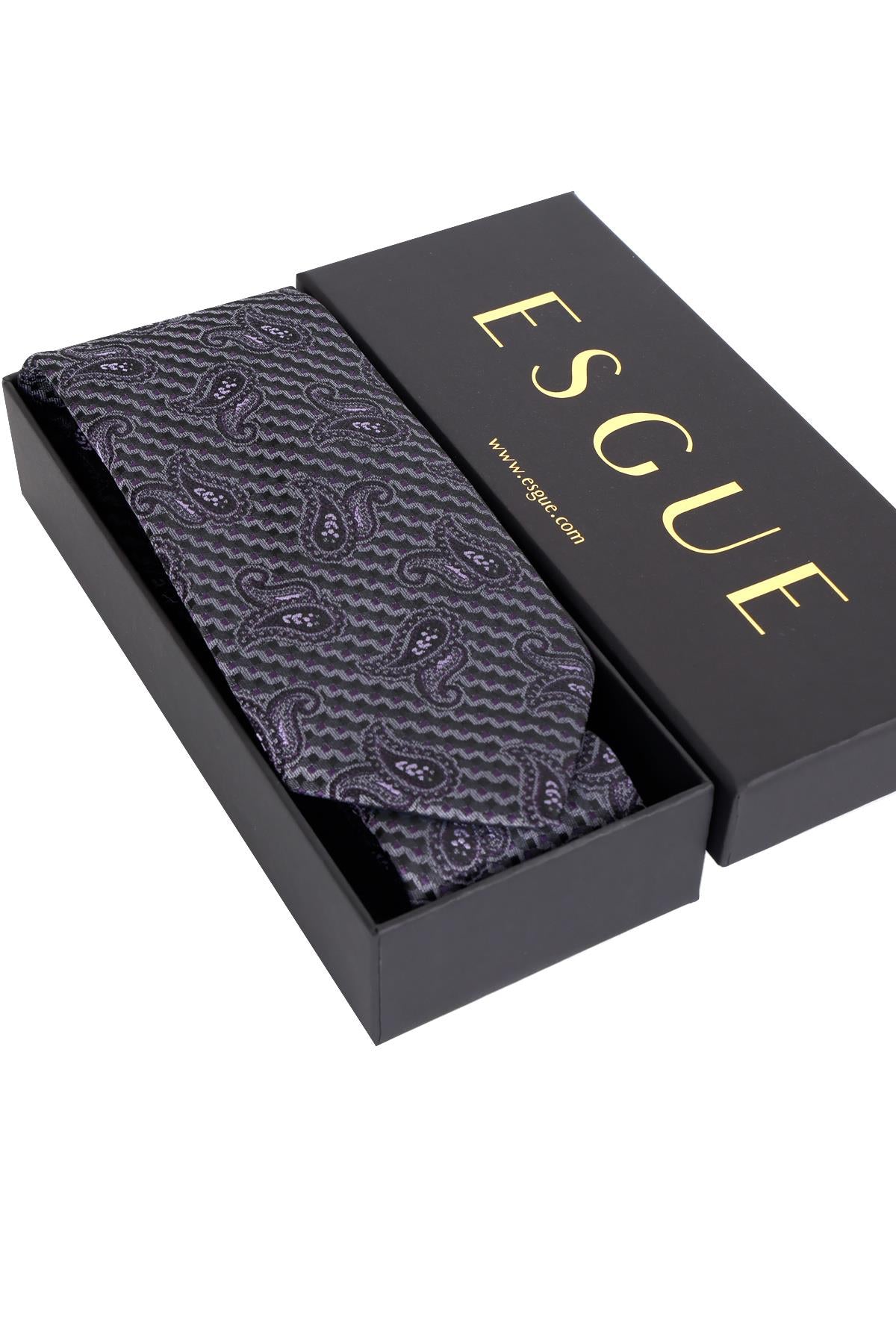 Esgue 8 cm Mor Gri Şal Desen Hand Made Klasik Geniş Mendilli Kravat