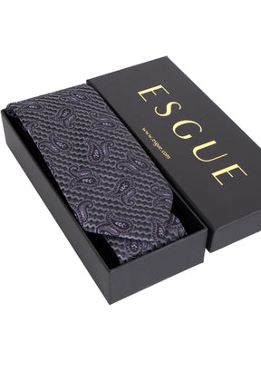 Esgue 8 cm Mor Gri Şal Desen Hand Made Klasik Geniş Mendilli Kravat