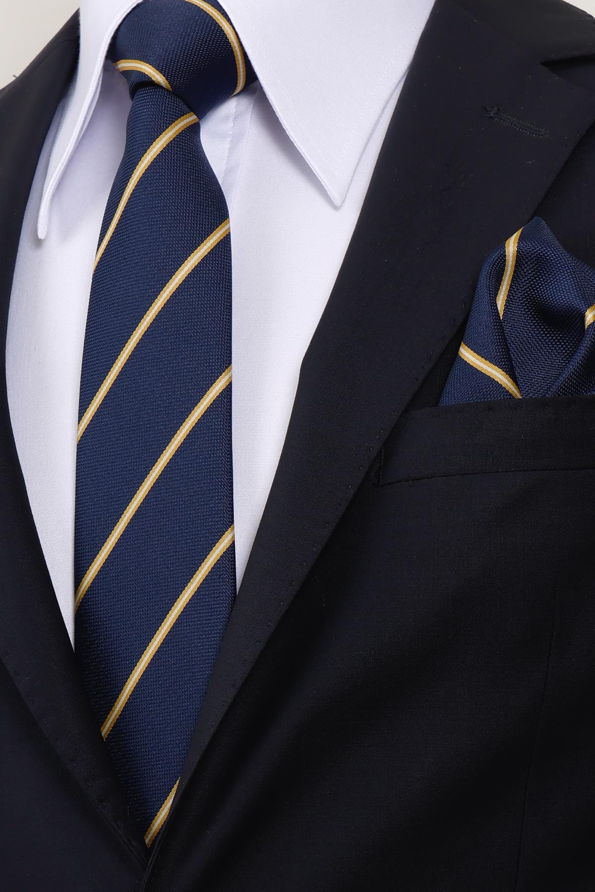 Esgue 8 cm Sarı Lacivert Çizgili Hand Made Klasik Geniş Mendilli Kravat
