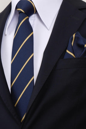 Esgue 8 cm Sarı Lacivert Çizgili Hand Made Klasik Geniş Mendilli Kravat