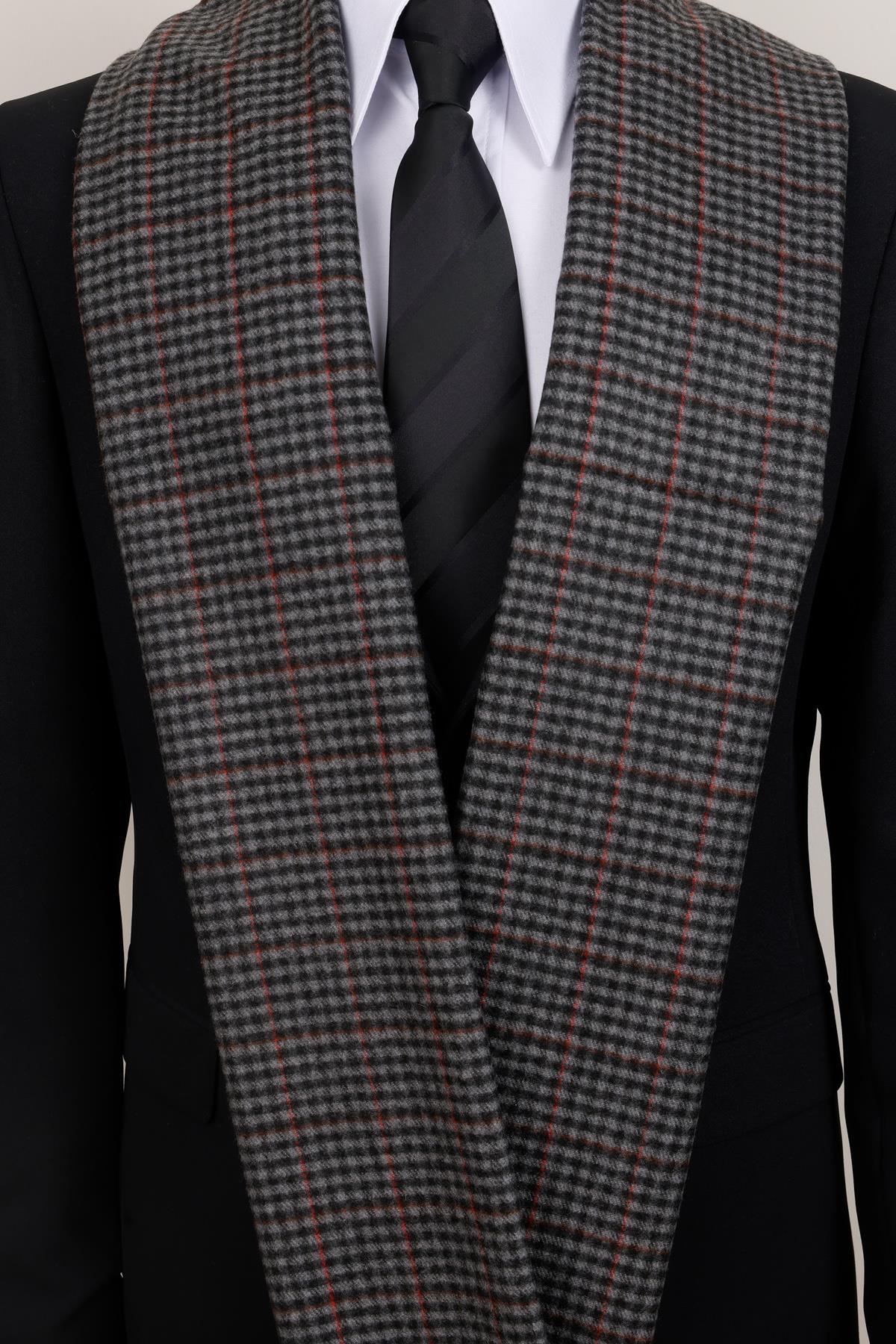 Esgue Yünlü Siyah Gri Ekose Kaşkol - Yumuşak Dokulu Klasik Erkek Atkı