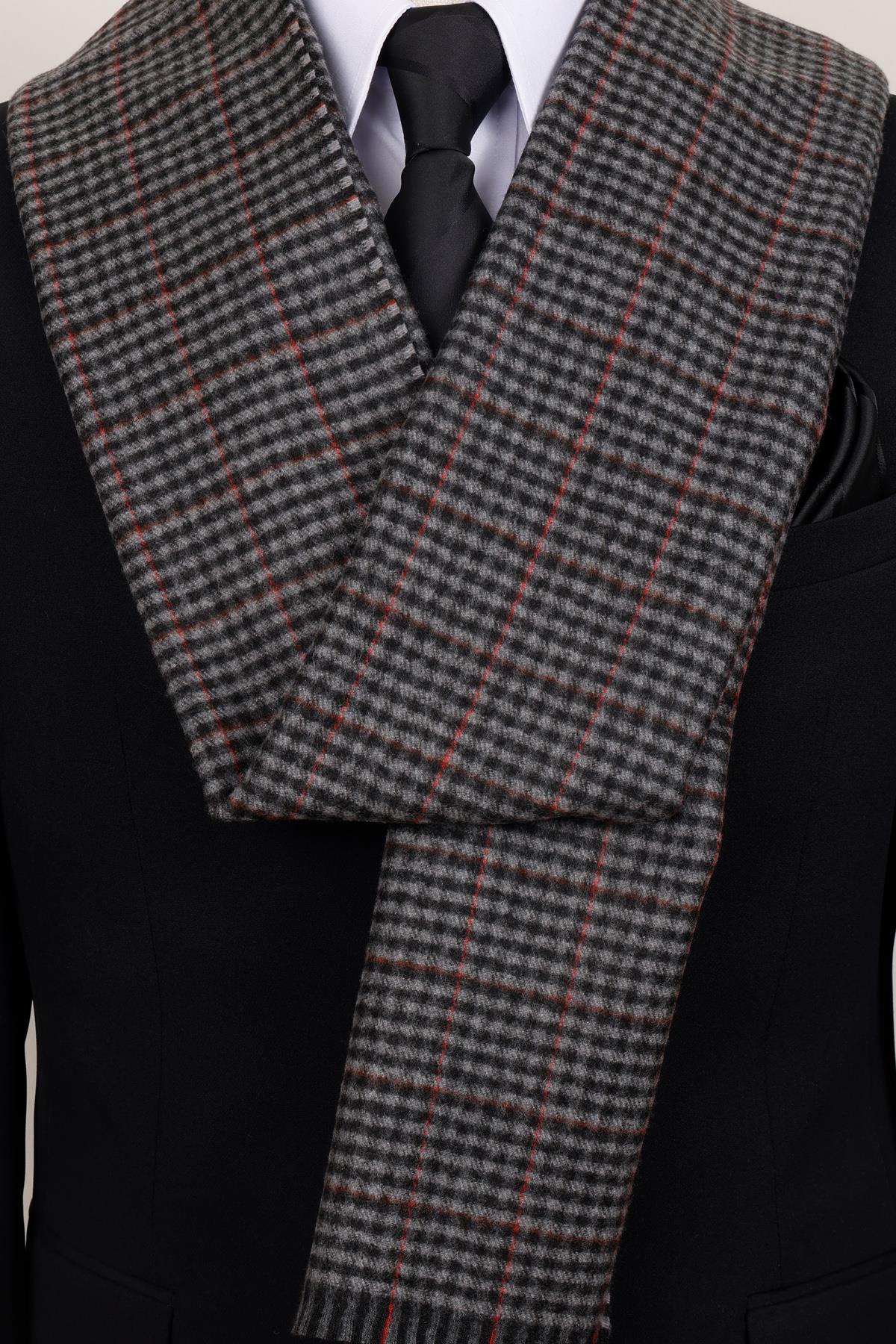 Esgue Yünlü Siyah Gri Ekose Kaşkol - Yumuşak Dokulu Klasik Erkek Atkı