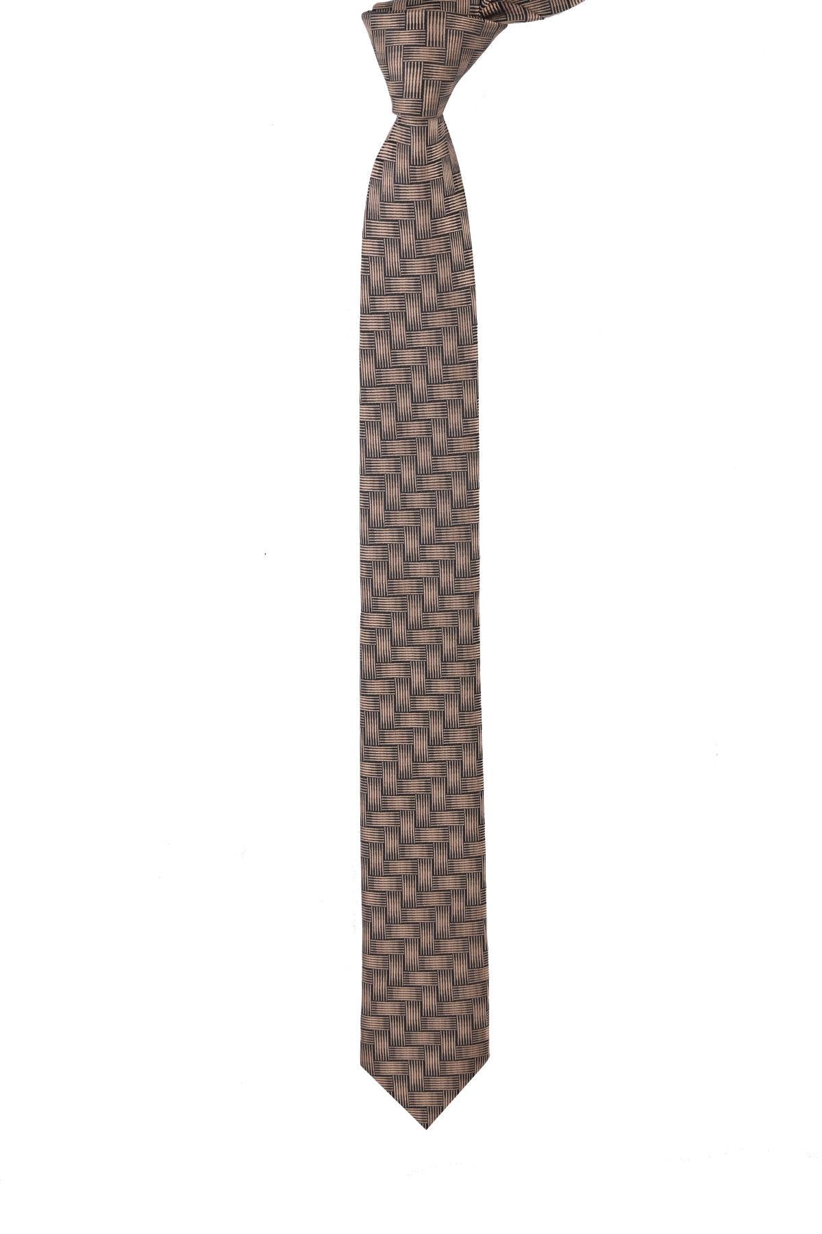 Esgue Dar Kesim Bej - Siyah Desenli Slim 6 cm. Hand Made Kravat