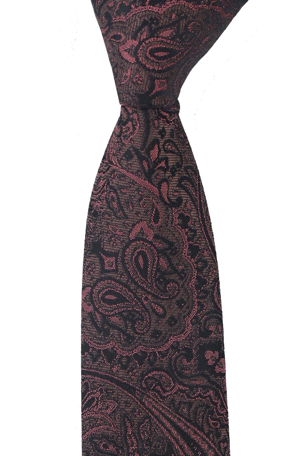 Esgue Dar Kesim Füme - Pembe Şal Desen Slim 6 cm. Hand Made Kravat
