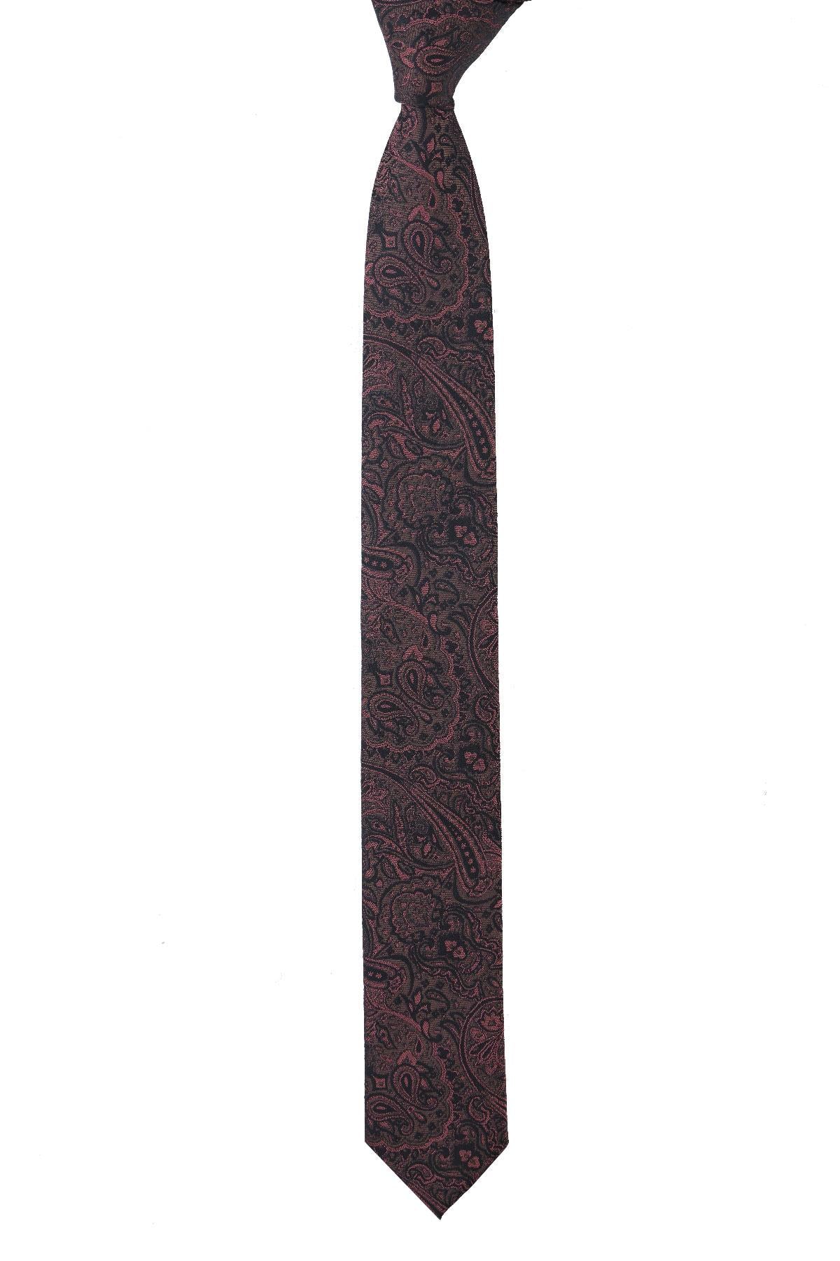 Esgue Dar Kesim Füme - Pembe Şal Desen Slim 6 cm. Hand Made Kravat